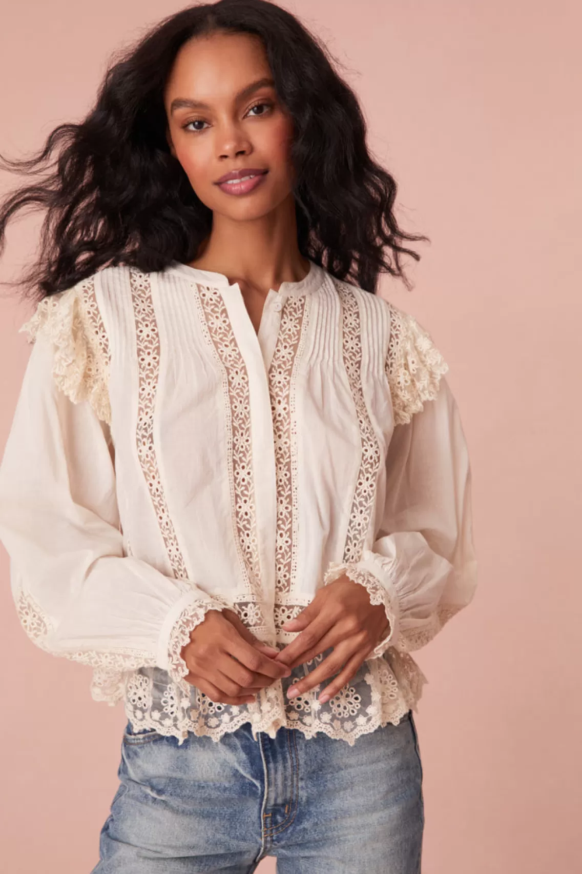 Tops | Warm Weather Edit-LoveShackFancy Kava Cotton Ruffle Long Sleeve Blouse CREAM