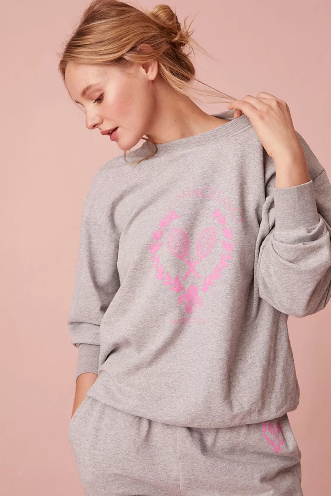 Active | Tees & Fleece-LoveShackFancy Palo Racquet Club Fleece Pullover MD.HTR GRAY/AURORA PINK