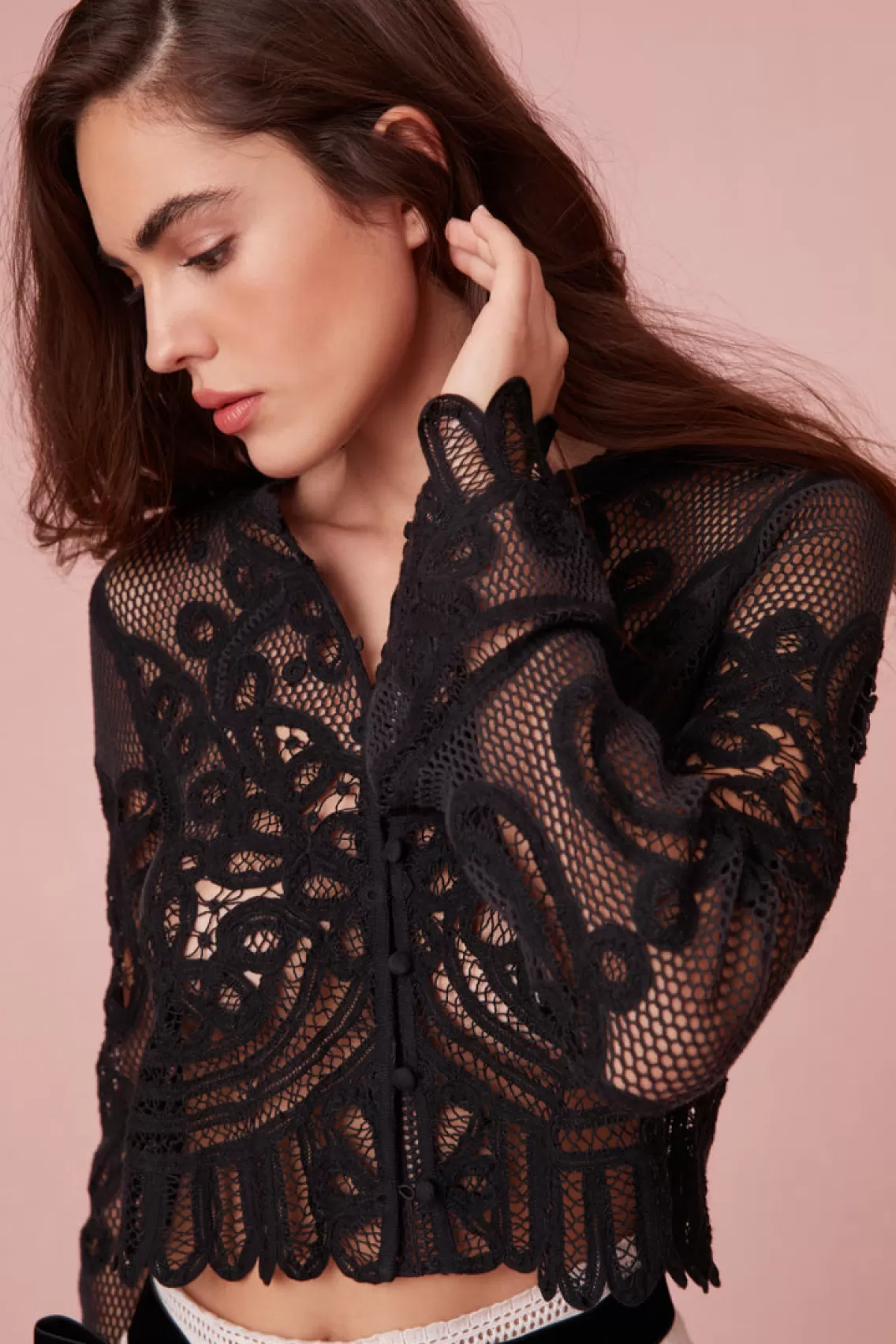 Tops | Party Dressing-LoveShackFancy Rinko Scalloped Sheer Lace Top BLACK