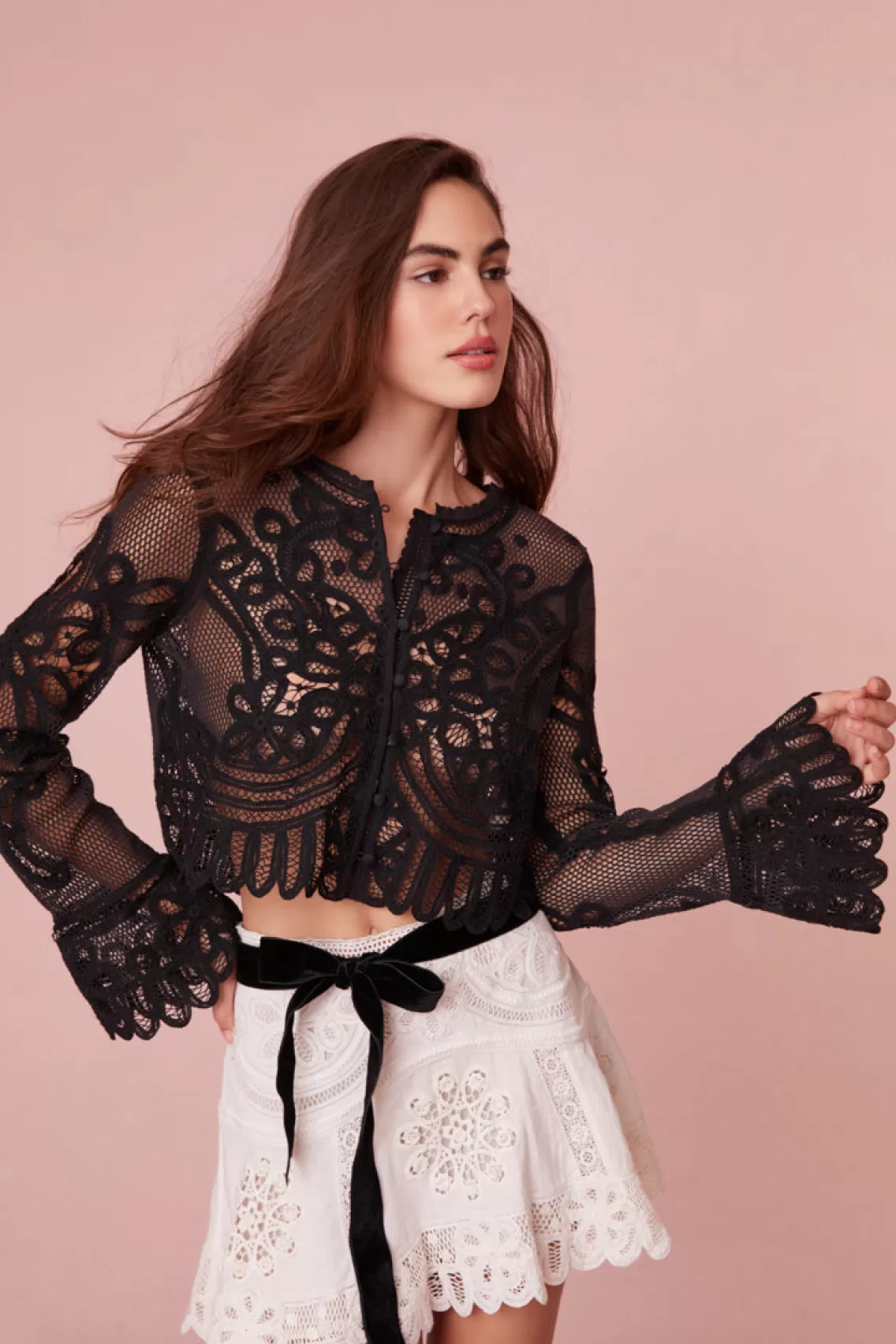 Tops | Party Dressing-LoveShackFancy Rinko Scalloped Sheer Lace Top BLACK