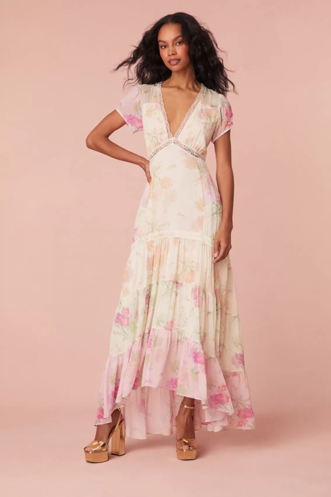 Dresses | Warm Weather Edit-LoveShackFancy Roupell V-Neck Chiffon Maxi Dress GARDEN SUNSET