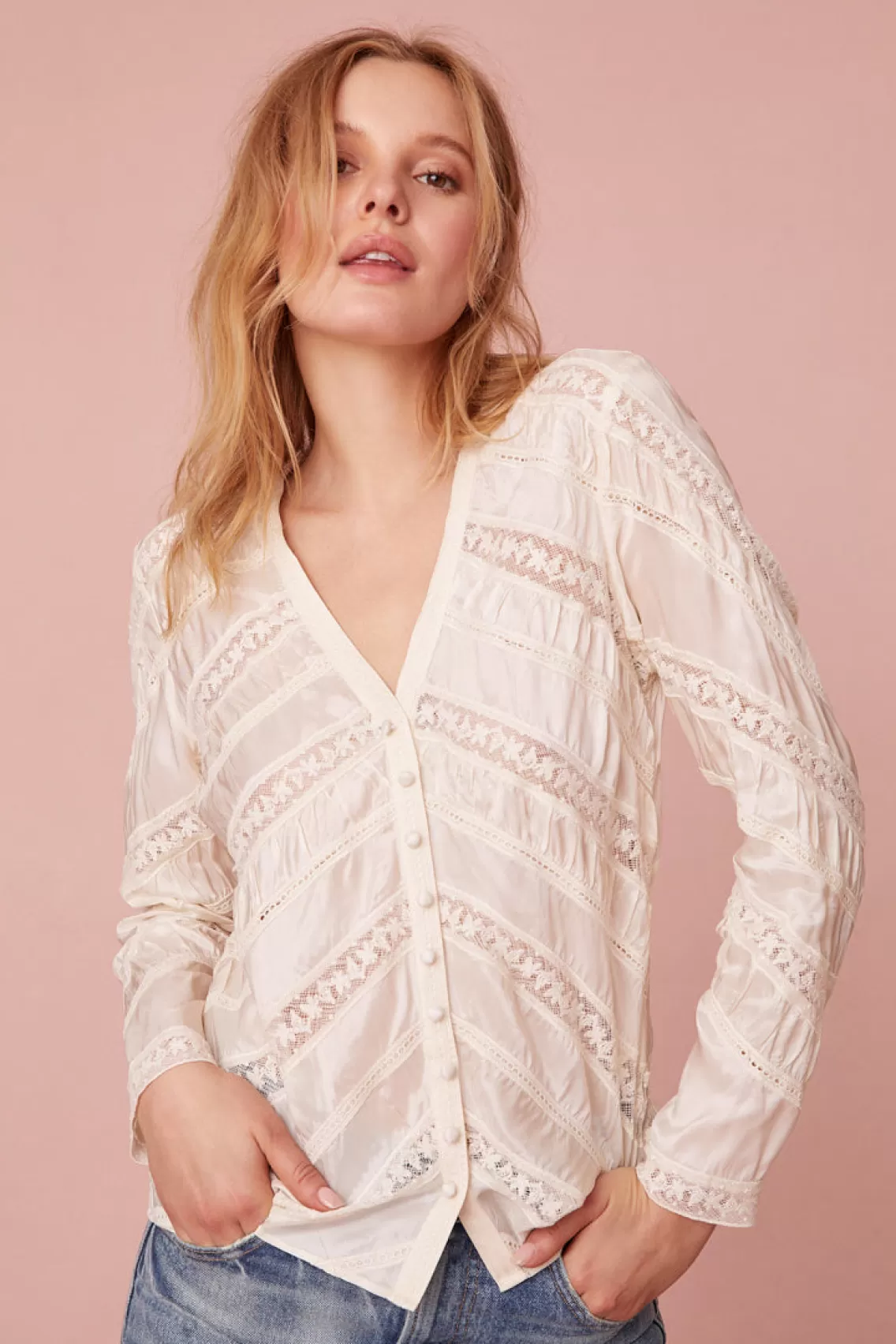 Tops | White Edit-LoveShackFancy Tandra V-Neck Blouse ANTIQUE WHITE